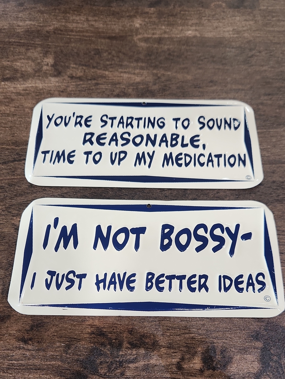 Blue and White Humorous Metal Wall Signs - Set of 2 Magnetic